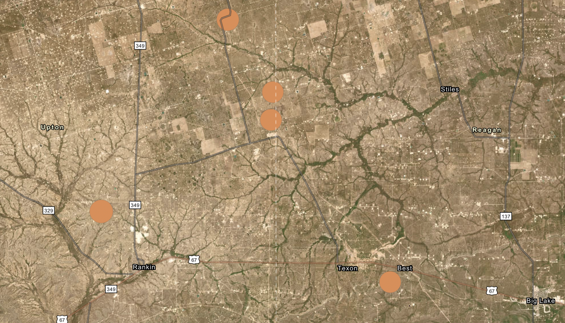 Methane emission sites near Odessa, TX. Methane emission sites near Odessa, TX.